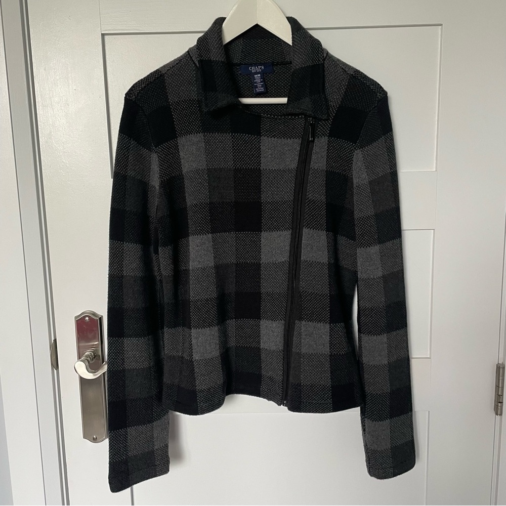 Chaps Ralph Lauren Women's Plaid Moto Jacket in Black and Gray